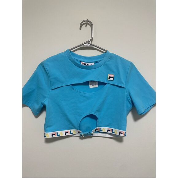 Fila NEW Womens Medium Cropped Elastic Clip Blue Islet Opening Crew Neck Blue Sh - Picture 1 of 4
